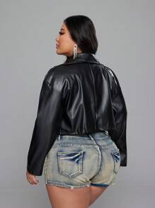 NU&NOW Plus Size Women's Autumn/Winter Motorcycle PU Leather Zip-Up Short Jacket, Casual & Commute - Black - View 2