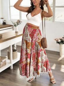 SHEIN Maternity Multilayer Cake Print A-Line Tassel Hem Skirt - Multicolor - View 5