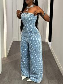 Slaydiva 女士破洞口袋阔腿休闲裤 女士夏季套装 女士俱乐部套装 女士性感节日套装 女士夏季服装 女士工作套装 Y2k 街头服饰 女士 女士牛仔连体裤 - 淺色水洗藍 - 查看 3