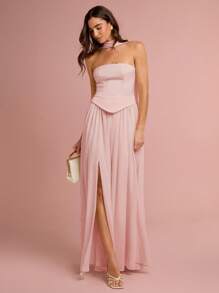Enchnt Women's Elegant Strapless High-Slit Midi Dress, Pink - Pink - View 5