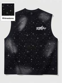 ROMWE MEN Street Life Tank Top Pria Motif Zebra dengan Hiasan Berlian Imitasi, Cocok untuk Dipakai Sehari-hari di Musim Semi/Panas - Hitam - View 3
