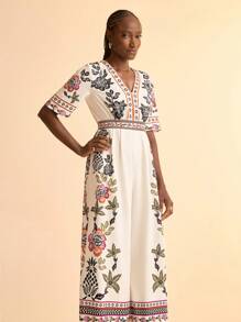 CAJUNI Damen lässiger V-Ausschnitt Jumpsuit mit Ananas, Päonie & tropischem Blume Muster, kurze Ärmel, elastischer Taille, weite Passform für Sommer Strand Urlaub