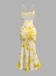 SHEIN MOD Vintage gelbes Blumen-Muster-Maxikleid mit drapiertem Ausschnitt für Frauen, französischer Sommerstil - Verschiedenfarbig - Übersicht 2