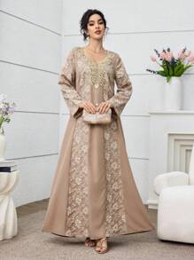 Al Najma 女士优雅提花拼接长款开衫，土耳其和阿拉伯传统风格 - 卡其色 - 查看 4