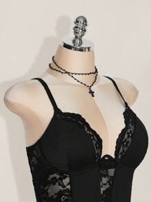 SHEIN ICON Plus Size Y2K Carnival Outfit Lace Patchwork Cropped Camisole Tank Top, High Waist Backless Bodysuit For Women, Spring - Black - View 4