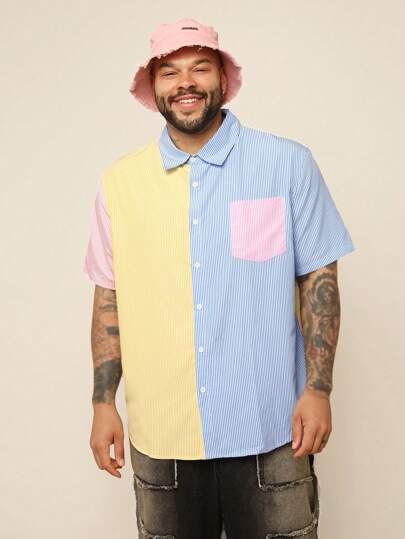 EASEVO 大码男士宽松多色条纹梭织短袖纽扣衬衫，适合夏季、学校