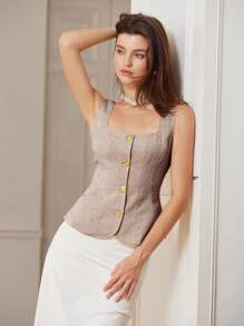 Aveloria Rosie 女士方领修身粗花呢纽扣衬衫，春夏 - 咖啡棕 - 查看 3