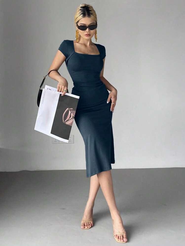 Women's Solid Color Wrap Square Neck Fish Tail Midi Dress Cocktail Dress