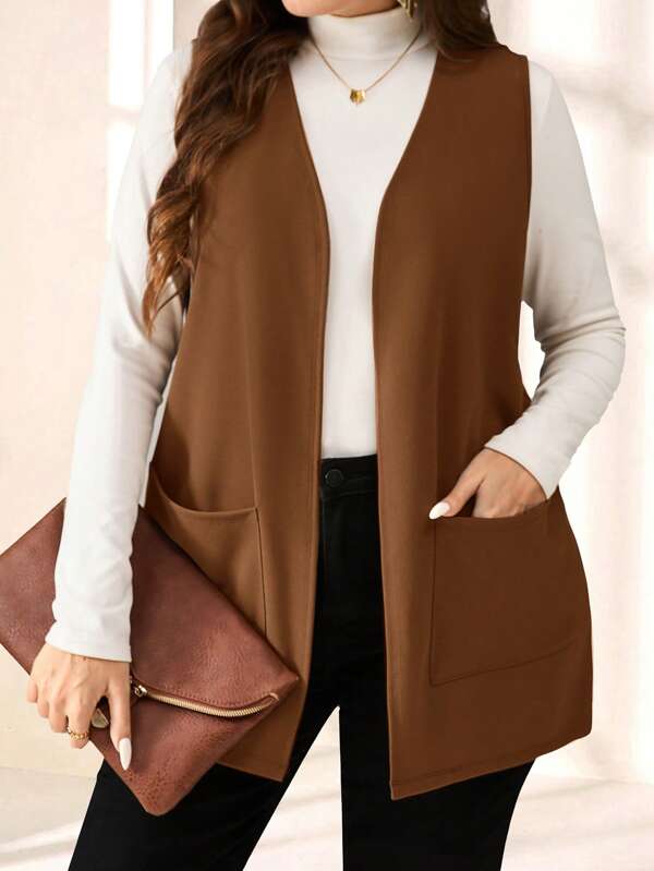 EMERY ROSE Chaqueta sencilla y casual sin mangas, de bolsillo, holgada y de unicolor, para mujer, de talla grande, para primavera/verano, ropa de verano, atuendos de vacaciones