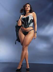 Empress Envy Curve Lady Boss Charm Shaping Sexy S-Shape PU Mesh Chic Power Plus Size Shaping Blouse With Lace-Up And Zipper, Punk Black For Club, Music Festival, Party, Cosplay