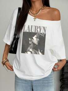 SHEIN Women's Loose Fitted Oblique Shoulder T-Shirt - White - View 3