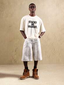 SUMWON Casual Stacks In Transit Text Graphic Boxy T-Shirt Loose Fit Summer Urban Streetwear Statement Modern Minimalist Lightweight Cotton Essential