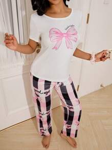 甜美蝴蝶结格子印花女士睡衣套装，休闲