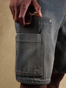 SUMWON Quần short denim thợ mộc nhiều túi tiện dụng cho công việc mùa hè, quần short jean thường ngày cạp vừa, dáng rộng, phong cách công sở - Màu xanh lam - Xem 6