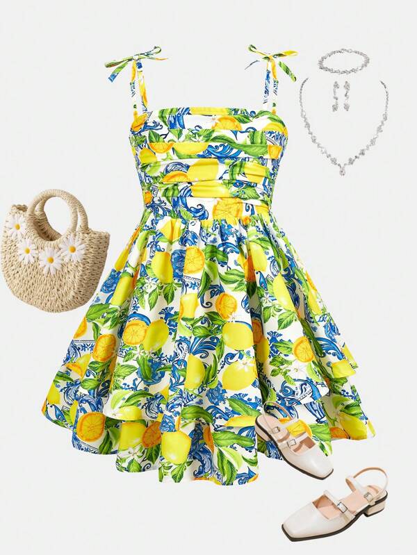 SHEIN Girlism Rochie preadolescentă cu imprimeu floral și imprimeu lămâie, talie Empire, casual, confortabilă pentru ieșiri zilnice, culoare verde proaspăt