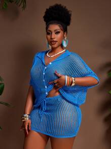 Slaydiva 大码女装两件套纯色短袖单排扣镂空针织上衣和短裤套装 蓝色沙滩罩衫 蓝色泳衣罩衫 钩针沙滩罩衫 蓝色罩衫套装 渔网罩衫 - 藍色 - 查看 7