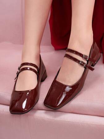 CUCCOO DOLLMOD Damen Mode Burgunder Mary Jane Pumps mit kurzem, klobigem Absatz für Lässig, Büro, Party und Pendeln, Herbst Pumps, Festtage