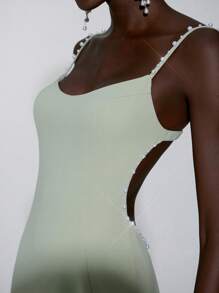 Elitara 优雅、浪漫、性感、简约的绿色针织弹力露肩珍珠装饰露背紧身连衣裙，时尚、值得在 上分享，适合节日、派对、婚礼、伴娘 - 綠色 - 查看 4