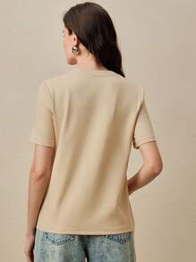 Anewsta 女式花卉刺绣宽松圆领T恤，夏季 - 卡其色 - 查看 2