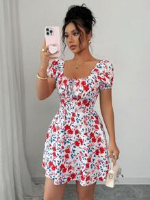 Rafferiza Đầm mini tay bồng nhún bèo họa tiết hoa thanh lịch dành cho nữ, thích hợp cho kỳ nghỉ - trắng - Xem 6