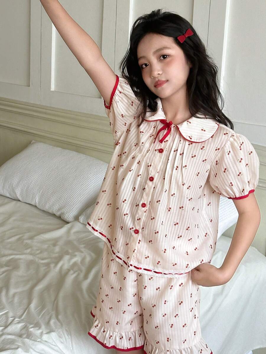 DAZY Conjunto de ropa de casa para niña preadolescente con camisa de cuello con estampado floral diminuto + pantalones cortos para otoño, ropa de regreso a la escuela
