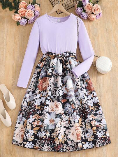适合少女的优雅中长款花卉束腰连衣裙