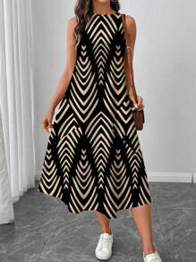 SHEIN LUNE Women Casual Geometric Pattern Mid-Length Dress, Suitable For Spring And Summer Suitable For Going Out Chic Dress - Multicolor - View 4