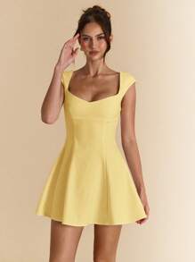 SHEIN BAE 纯白色方领露背泡泡裙，优雅女士夏季迷你裙，适合约会之夜、伴娘、小黑裙、春夏季 - 黃色 - 查看 4