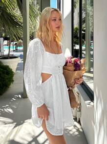 SHEIN EZwear Vestido blanco bordado con recortes tejidos en la cintura de mujer - Blanco - Ver 4