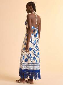 CAJUNI 女士度假休闲流苏印花镂空长裙 - 藍白色 - 查看 2