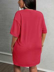 Slaydiva Vestido de vacaciones de manga corta con hombros caídos y abertura lateral de color rosa para tallas grandes, para principios de primavera