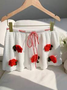 Comfortcana Váy dệt kim thắt eo họa tiết hoa 3D cho nữ - trắng - Xem 6