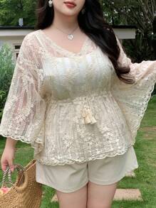 Dazy Plus V领蕾丝半透明套头衫，夏季度假风格 - 杏色 - 查看 3