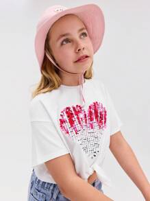 SHEIN Tween Girls' Casual Minimalist Comfortable Round Neck Short Sleeve Heart Shape Print T-Shirt - White - View 3