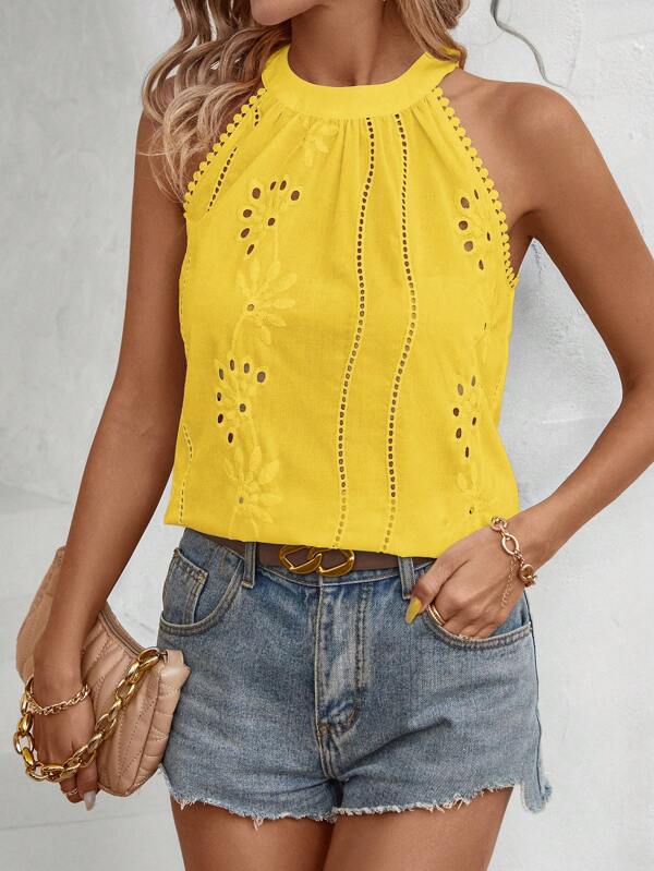 SHEIN Clasi Women's Round Neck Sleeveless Embroidery & Floral Print Yellow Casual Blouse, Summer