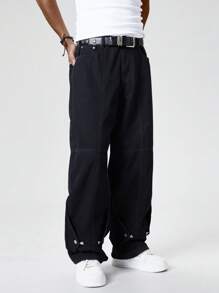 Chillumni Men's Solid Color Loose Utility Cargo Style Casual Baggy Jeans, Summer - Black - View 7