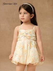SHEIN Glamorique Kids Baby Girl Spring/Summer Spaghetti Strap Pleated Design Bud-Shaped Hem Dress - Yellow - View 6