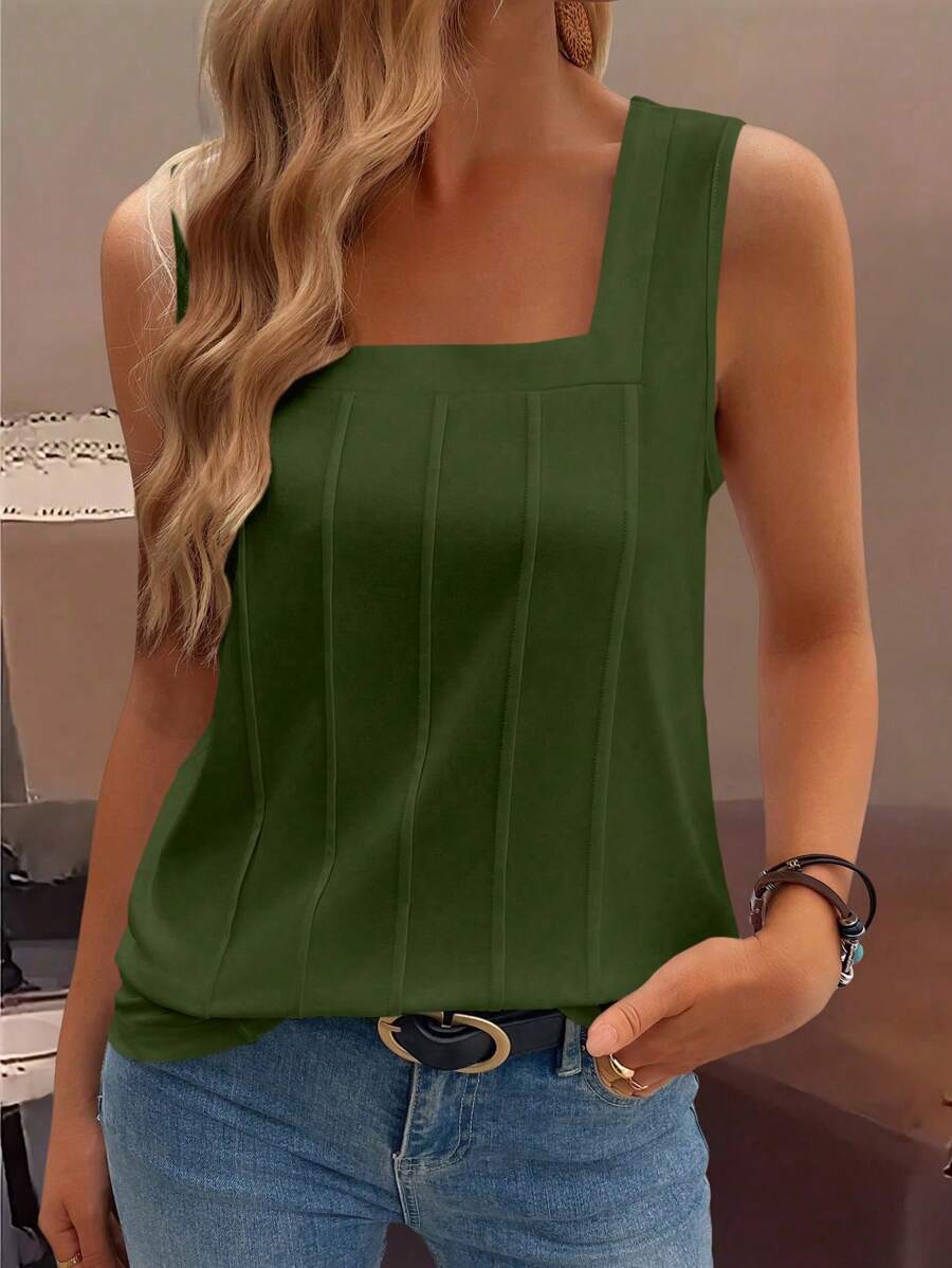 SHEIN LUNE 夏季新款无袖大肩带方领折扣宽松女士休闲背心 - 軍綠色 - 查看 1