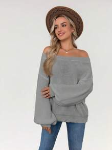 SHEIN LUNE Áo len đan ấm áp hở vai tay đèn lồng cho nữ, mùa thu/đông - Xám - Xem 4