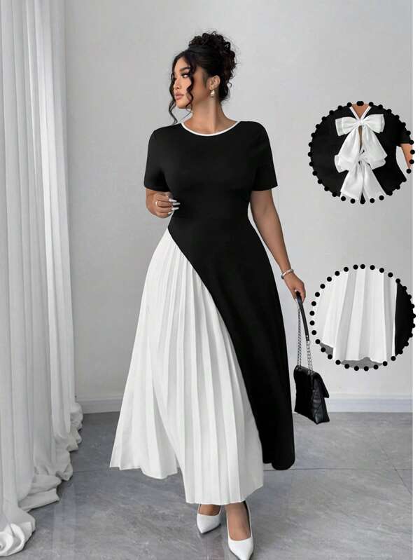 Elenzga Plus Size Women French Elegant Pleated Patchwork Bowknot Detail Dress