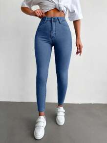 96% Cotton High Waist Skinny Cropped Jeans - Light Wash - View 5