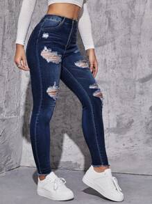 Flexra Ripped Raw Trim Skinny Jeans - Dark Wash - View 3