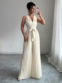 Selianne 女式夏季纯色翻领双排扣褶裥阔腿无袖连体裤 - 杏色 - 查看 3