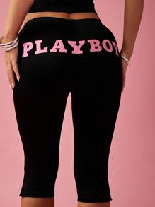 Missguided x Playboy 中长款运动七分弹力紧身裤 休闲日常家居服 春夏舒适版型 - 黑色 - 查看 4