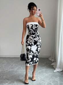 SHEIN Clasi 2 件套花卉印花短款上衣和中长裙优雅装扮，春夏 - 黑色 - 查看 4