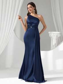 Coutiva 女士优雅纯色不对称领口紧身晚礼服 - 藏蓝色 - 查看 8