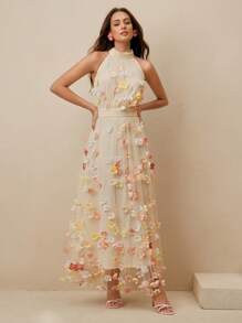 Anewsta Robe trapèze sans manches avec décoration florale 3D