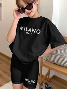 少女休闲简约经典“MILANO ITALY”图案印花短袖圆领两件套，适合夏季