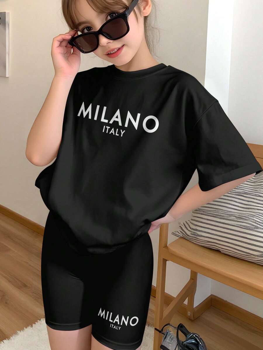 少女休闲简约经典“MILANO ITALY”图案印花短袖圆领两件套，适合夏季