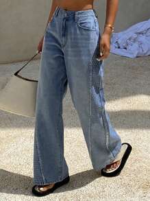 Livesso 女式水钻装饰口袋宽松阔腿休闲牛仔裤 - 藍色 - 查看 3